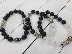 Men's Beaded Black Matte Frosted White Bracelet Set