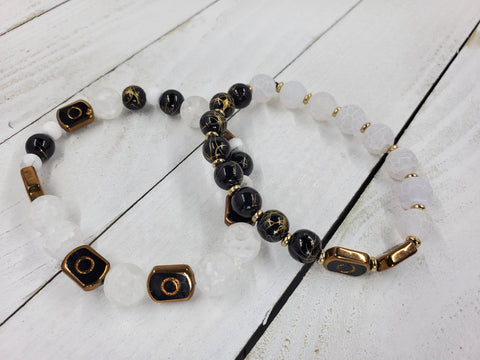 Men's Beaded Black/Gold and Frosted White Bracelet Set