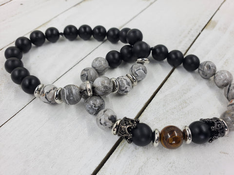 Men's Beaded Black Gray Howlite Bracelet Set