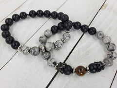 Men's Beaded Black Gray Howlite Bracelet Set