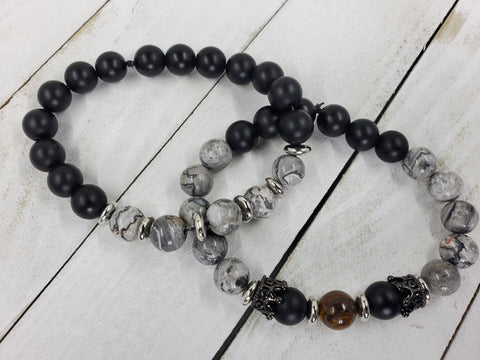 Men's Beaded Black Gray Howlite Bracelet Set