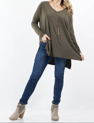 Dolman Sleeve V-neck Side Slit Hi-Low Top