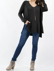 Dolman Sleeve V-neck Side Slit Hi-Low Top