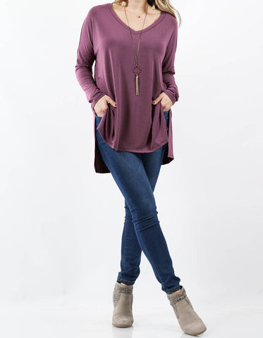 Dolman Sleeve V-neck Side Slit Hi-Low Top