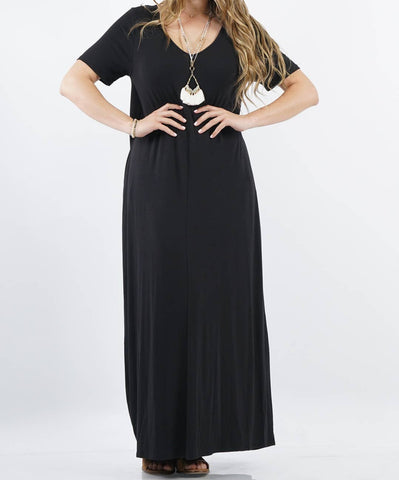 V-neck Short Sleeve Maxi Dress w/ Side Slit