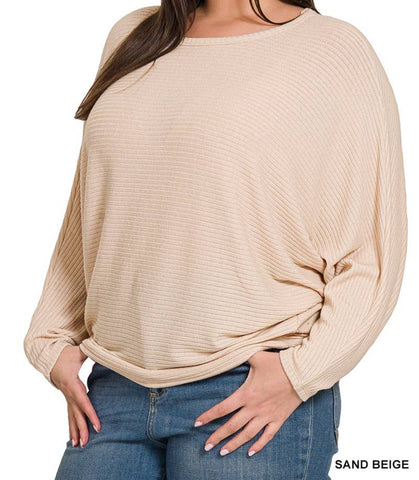 Ribbed Batwing Long Sleeve Boat Neck Sweater