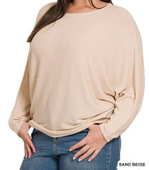 Ribbed Batwing Long Sleeve Boat Neck Sweater