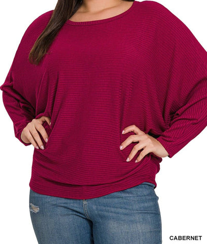 Ribbed Batwing Long Sleeve Boat Neck Sweater