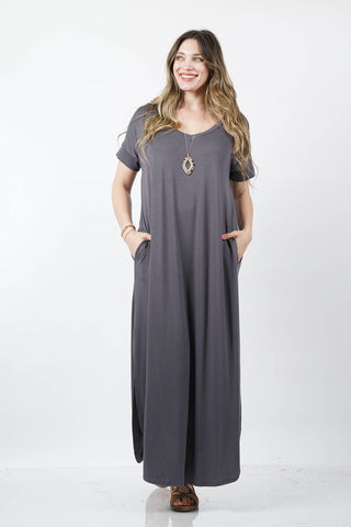 V-neck Short Sleeve Maxi Dress w/ Side Slit